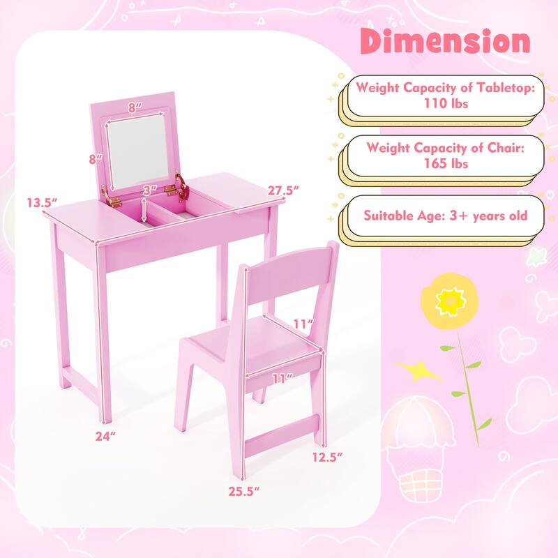 Gymax Kids Vanity Table & Chair Set 2-in-1 Princess Makeup Dressing