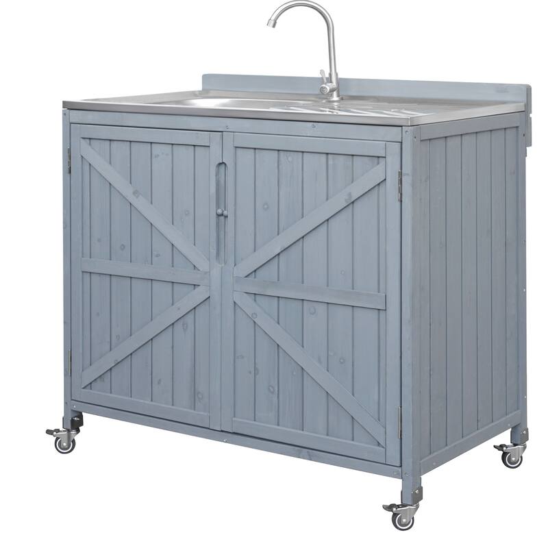 39.4" Outdoor Kitchen Island with 304 Stainless Steel Sink, Faucet & Storage Cabinet