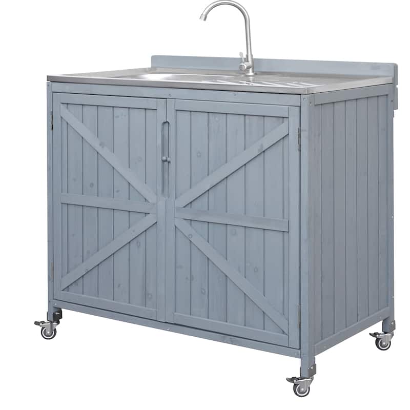 39.4" Rolling Outdoor Kitchen Island with 304 Stainless Steel Sink, Faucet & Cabinet for Pizza Prep