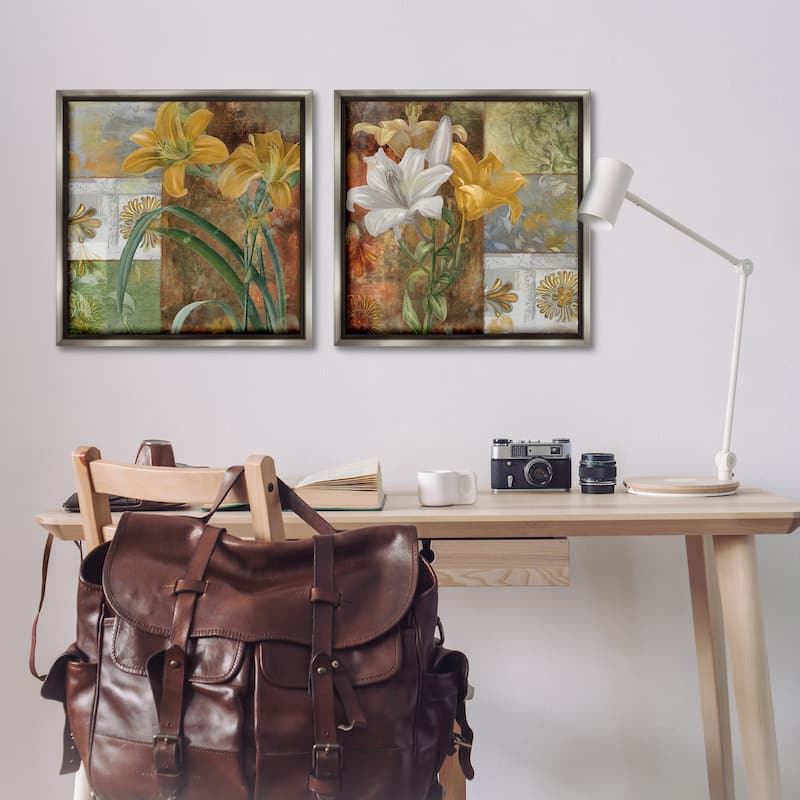 Stupell Lilies & Vintage Tile Patterns Framed Floater Canvas Wall Art Design By Sasha (Set of 2)