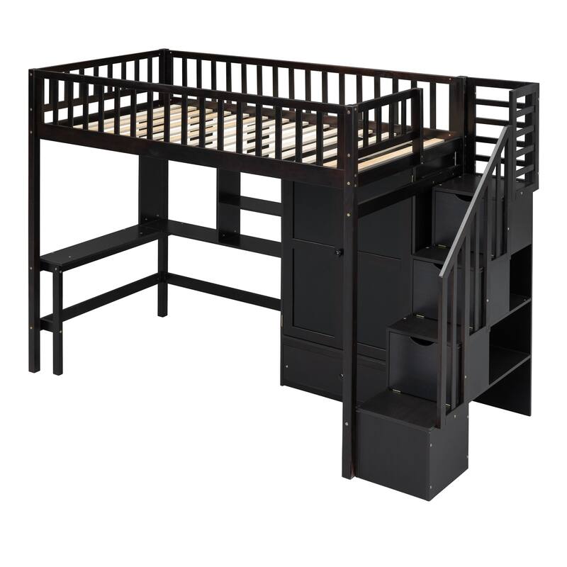 Twin Loft Bed with Bookshelf, Drawers, Desk, and Wardrobe in Espresso
