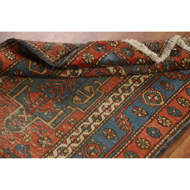 Hand Knotted Oriental 100% Wool Carpet Traditional Geometric Oranges & Rust Heriz (serapi) Runner Rug - 12' 7'' X 2' 10''