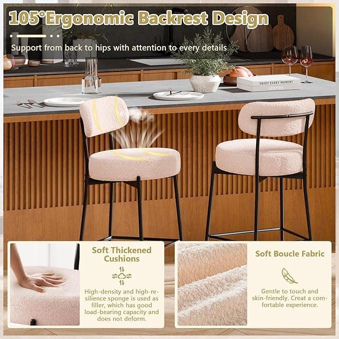 XINMICS 24 Inches Modern Counter Height Bar Stools with Curved Back Metal Legs, Upholstered Boucle Barstools, Set of 2/3/4