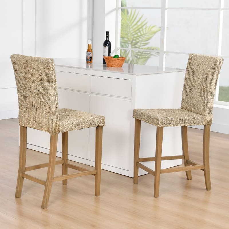 Bohemian 24" Height Weave Seagrass Rattan Counter Stools with High Back - 18.3"W x 23"L x 41.4"H - Set of 2 - Brown