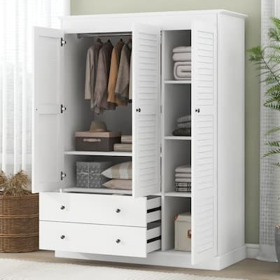 Shutter Doors Wardrobe Armoire, Bedroom Clothes Storage Cabinet Closet with 2 Drawers, Storage Shelves & Hanging Rod, White
