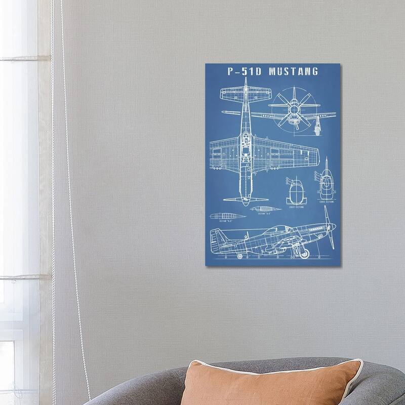 iCanvas "P-51 Mustang Vintage Airplane Blueprint" by Action Blueprints Canvas Print - 26x18x1.5