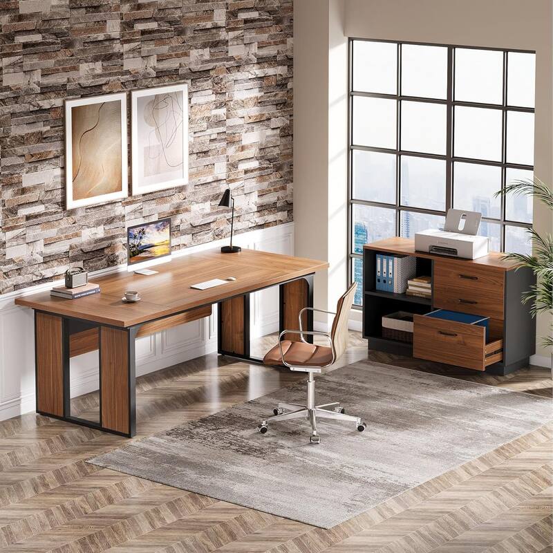 63‘’ L-Shaped Executive Desk, Large Computer Desk with 39.37-Inch Drawers Cabinet