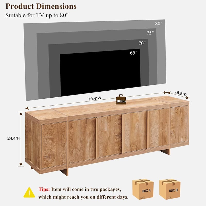 Modern 70" TV Stand, Entertainment Center, Handle-Free Hidden Design