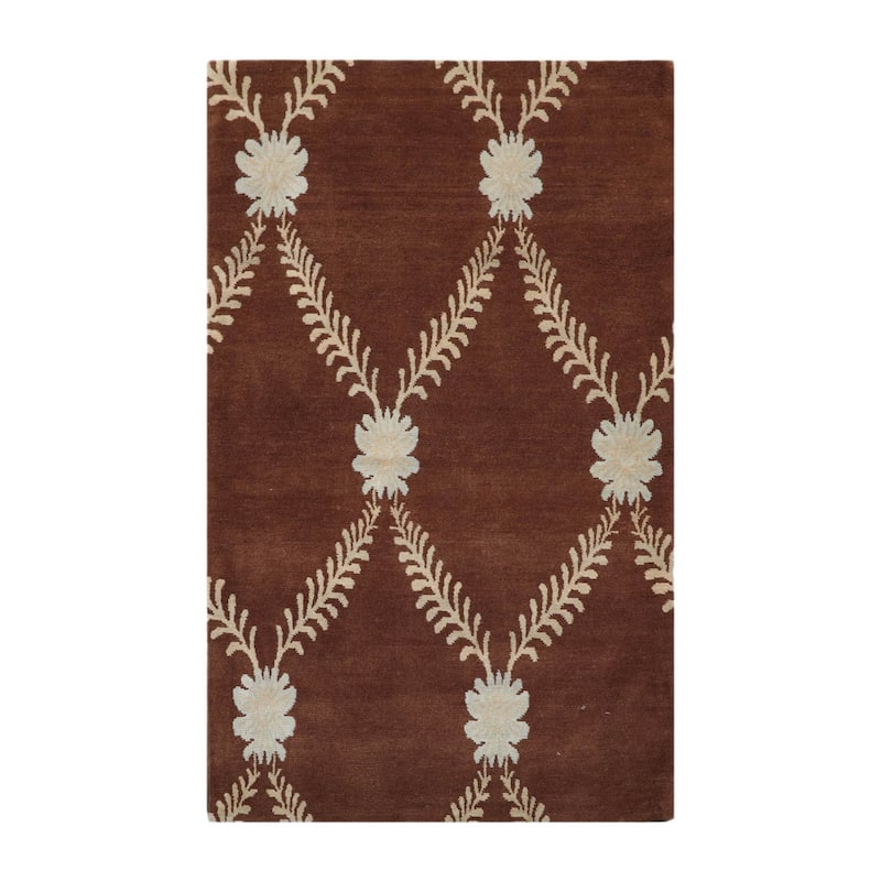 Hand Knotted Trellis Brown Floral Wool & Silk Traditional Area Rug - 3' 3'' x 5' 4''