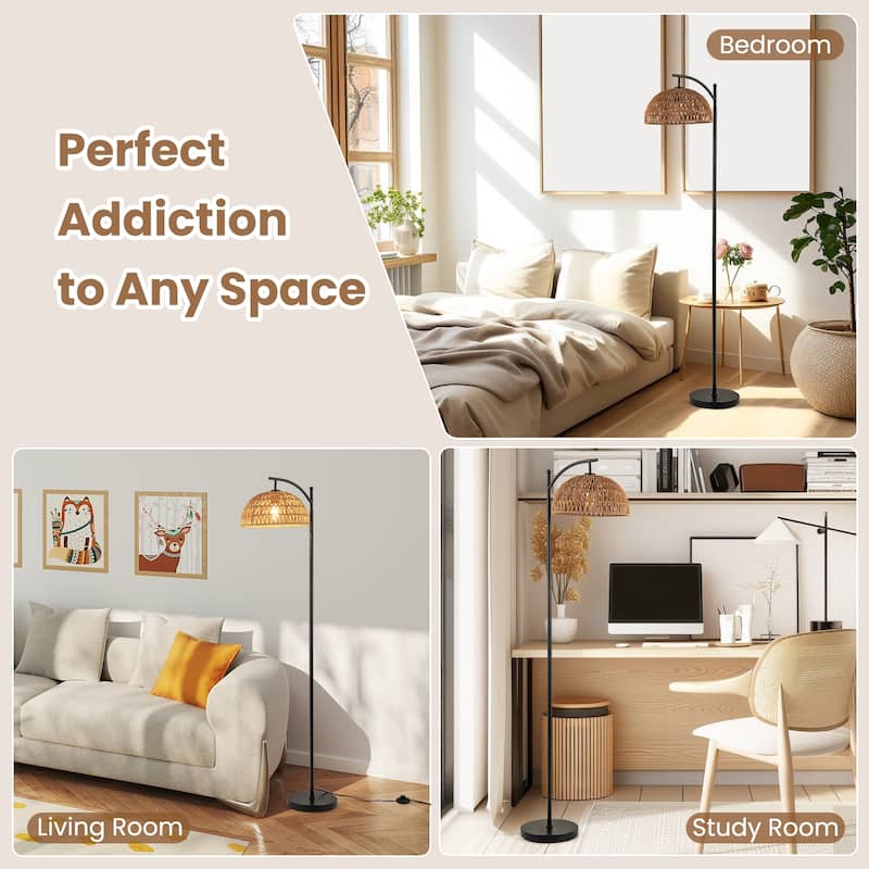 Modern Arc Floor Lamp with E26 Socket and Paper Rope Shade Adjustable Lighting for Living Room - 10"Dia × 63"H
