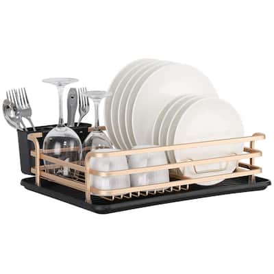 Aluminum Dish Drying Rack with Cutlery Holder, Rose Gold