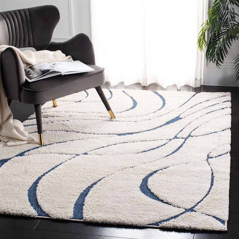 SAFAVIEH Florida Shag Sigtraud Abstract Waves 1.2-inch Area Rug - 11' x 15' - Cream/Blue