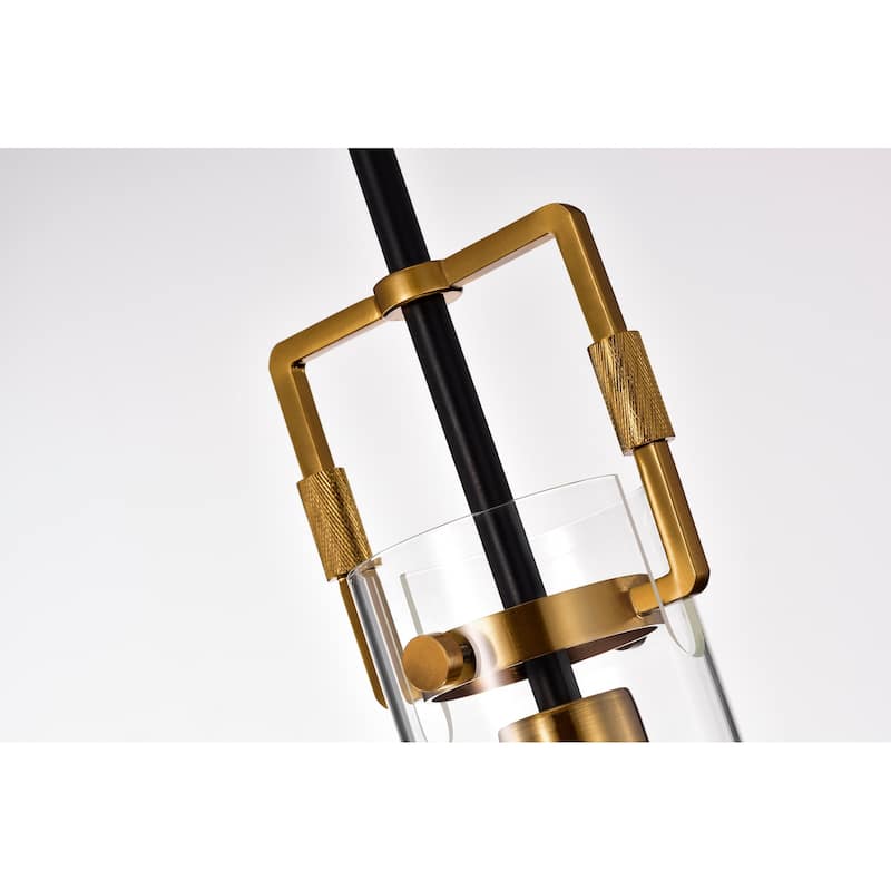 Black and Antique Gold 1-Light Mini Pendant with Clear Cylindrical Glass Shade