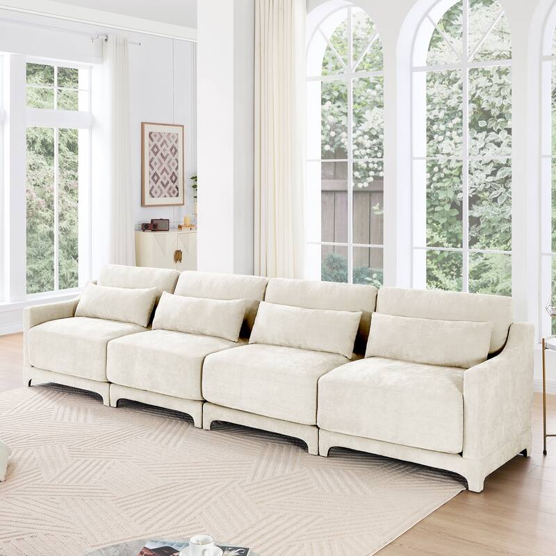 Chenille Upholstered Sofa with Lumbar Pillows - Beige(4 Seat)