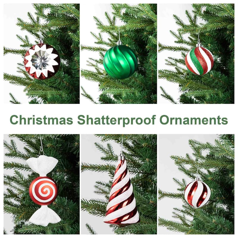 Glitzhome 178ct Christmas Ball Shatterproof Ornaments with Candy Picks & Ribbon Bow (Set of 191)
