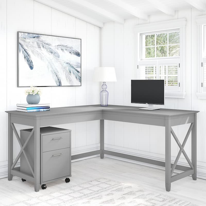 Key West 60W L Shaped Desk with Mobile File Cabinet by Bush Furniture - Cape Cod Gray