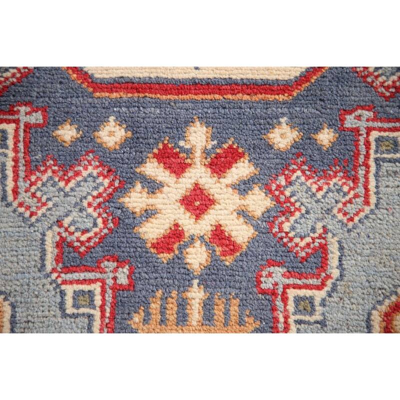 Light Blue Geometric Kazak Oriental Rug Handmade Wool Carpet - 3'2"x 4'8"
