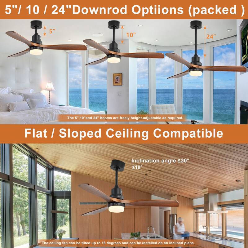 60 Inch Solid Wood Ceiling Fan with Light and Remote, Reverse Functions, Integrated Light Optional