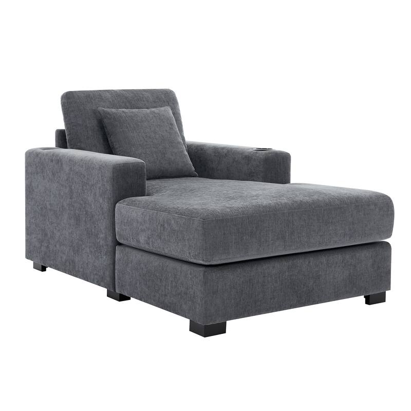 Modern Style Chaise Lounger Sofa Couch ,with Pillows, Charge Station & Cup Holders