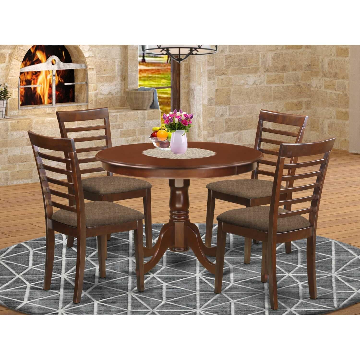 HomeStock 5-Pc Round Mahogany Finish Solid Wood Top Dining table with 4 Chairs
