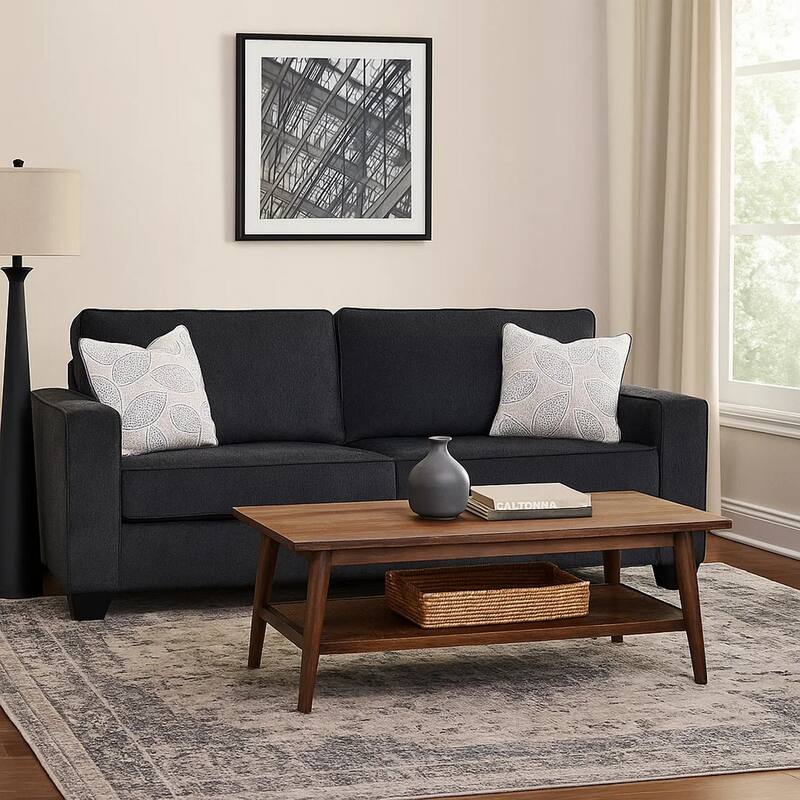 Alti 85 Inch Sofa with 2 Floral Print Throw Pillows, Dark Gray Chenille