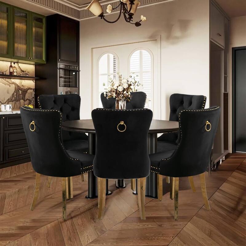 Tufted Naliheads Solid Wood Upholstered Dining Chairs Set of 6 - Black GoldLegs