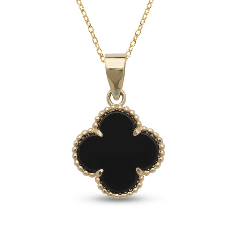 Curata 14k Yellow Gold 18" Black Onyx, White Pearl or Green Jade Four-Leaf Clover Pendant Necklace (13mm x 20mm) - 30mm x 35mm - Black Onyx