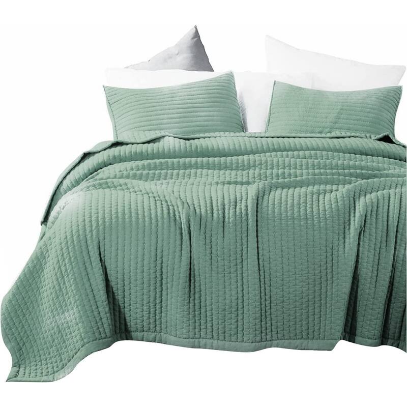 KASENTEX Quilt Set Soft Bedspread - Light Weight, Stone Washed, Down Alternative Fill, Machine Washable - Green - King