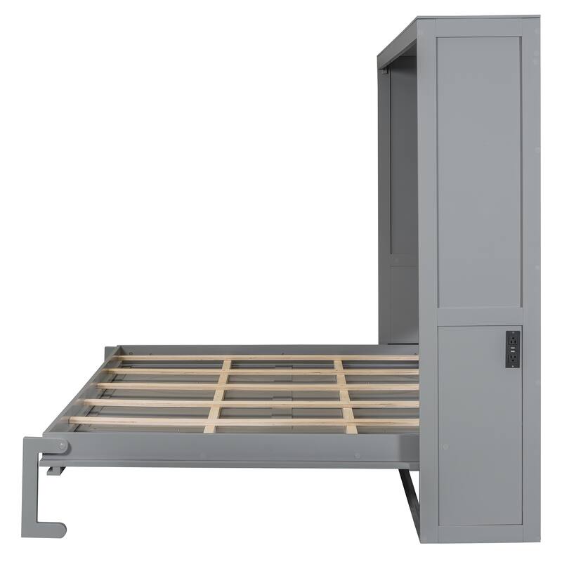 Full/Queen Size Murphy Bed with Rattan Doors and Charging Station, Hideaway Wood Wall Chest Bed Frame, No Box Spring Needed