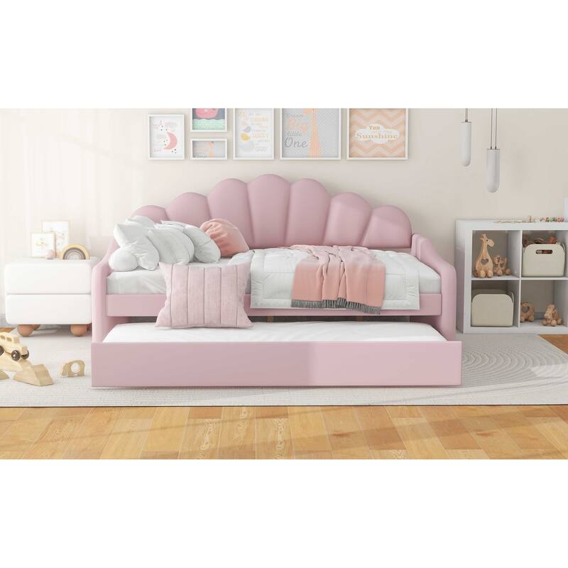 Full Size Velvet Daybed with Elegant Shell Backrest and Trundle, Sturdy Pine Wood Frame