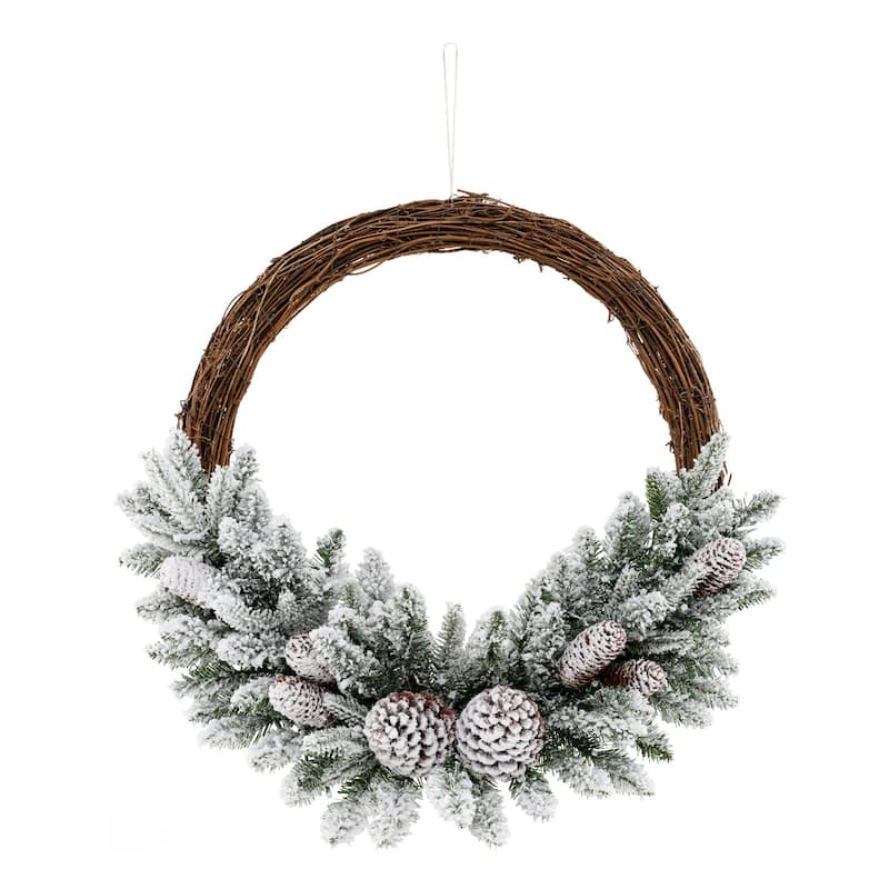24" Pre-Lit Snow Flocked Christmas Wreath with LED Lights and Pine Cones - Dia 24" - Multi