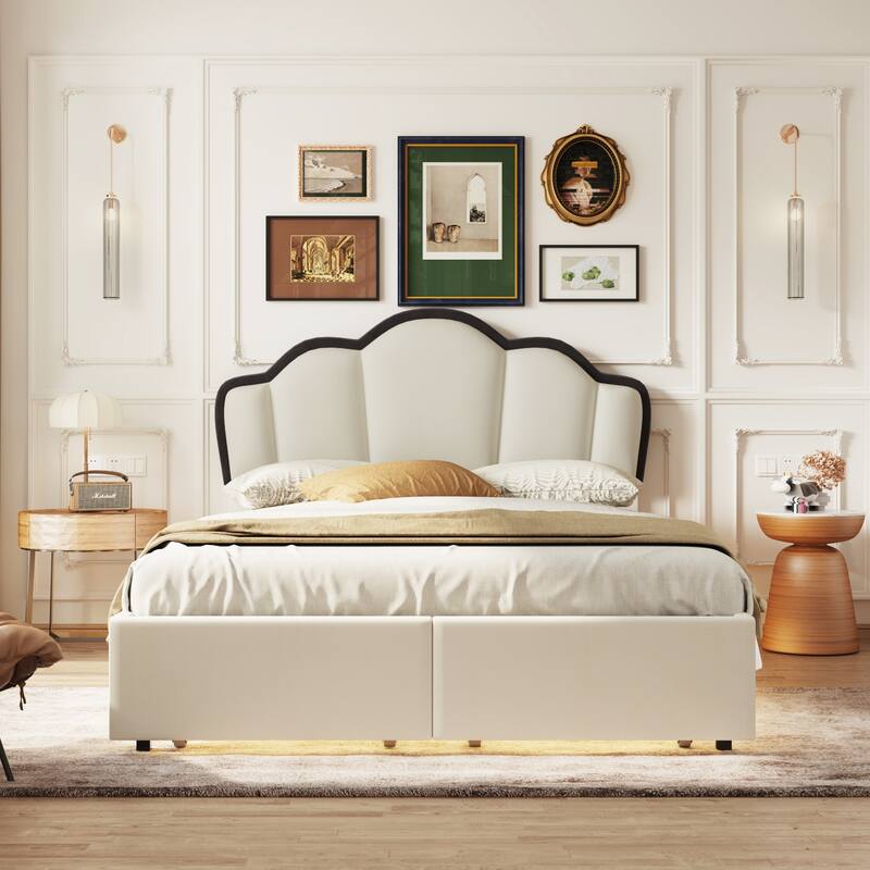 Full Size Upholstered Princess Platform Bed with LED Light Strips and 2 Storage Drawers, Modern Bed Frame with Headboard