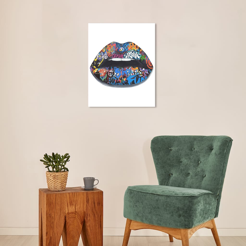 Wynwood Studio Canvas Entertainment and Hobbies Graffiti lips art Blue Modern & Contemporary Wall Art Canvas Print