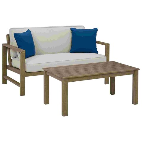 2 Piece Outdoor Loveseat and Table with Fabric Cushions, Brown