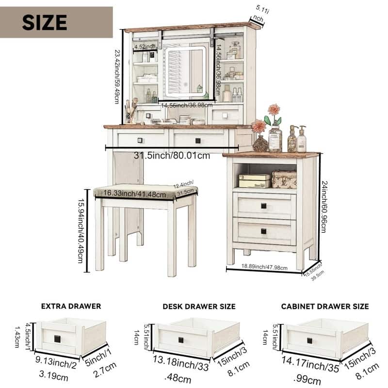 46.5'' Farmhouse Makeup Vanity Desk with Adjustible LED Lighted Mirror and Charging Station, Stool for Bedroom