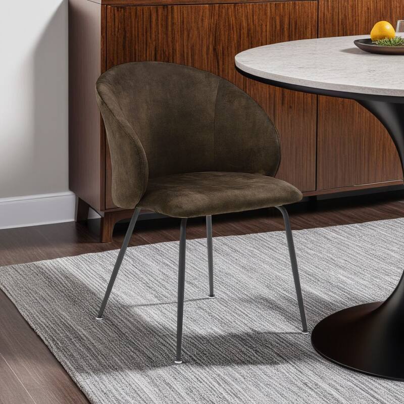 Salie Dining Chair Set of 2, Curved Back, Black Metal, Brown Velvet