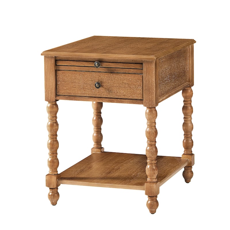 HULALA HOME Eric Traditional 26" Tall Solid Wood End Table with Built-in Charging Station and Extendable Tray