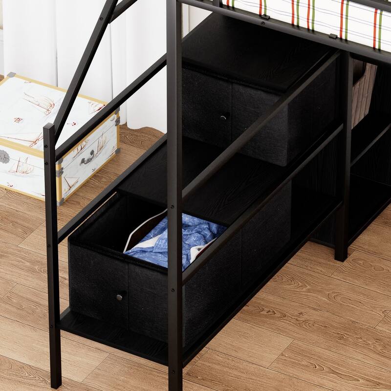 Full Size Loft Bed with L-Shaped Desk, LED RGB Lights, Charging Cradle, Fabric Storage Drawers, Safety Rails & Ladder