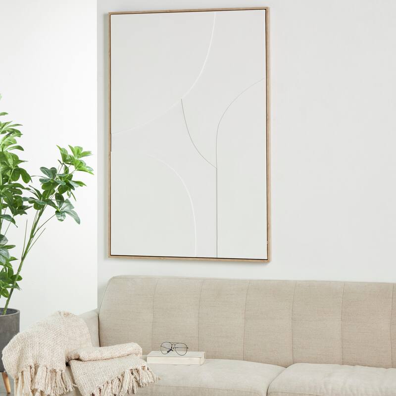 Beige or White Wooden Geometric Framed Wall Art with Abstract Circles and Brown Wooden Frame - White