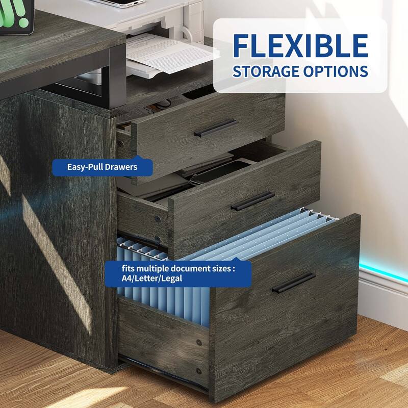 Moasis L Shaped Office Home LED Computer Gaming Desk with Drawers and Storage Shelves