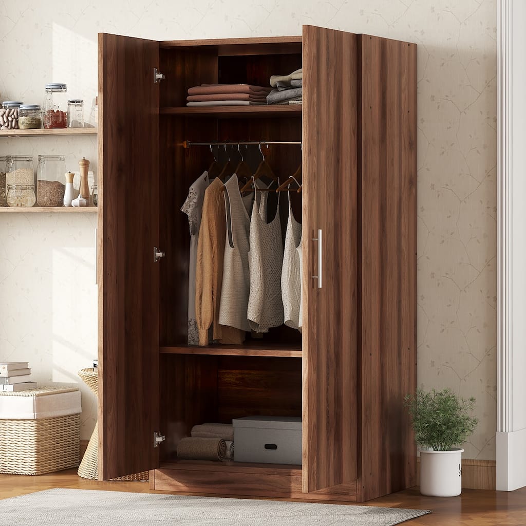 Brown 2 Door Wooden Wardrobe Armoire with 3 Storage Shelves