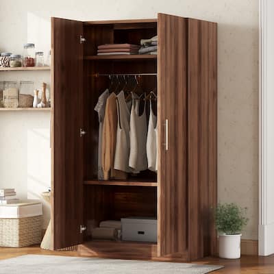 Two Door Wooden Wardrobes, Equipped with Suspension Rods and Drawers, Large -Capacity Wardrobe Storage Cabinets
