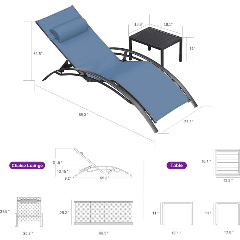 PURPLE LEAF Patio Chaise Lounge Set Outdoor Beach Pool Sunbathing Lawn Lounger Recliner Chair Side Table Included
