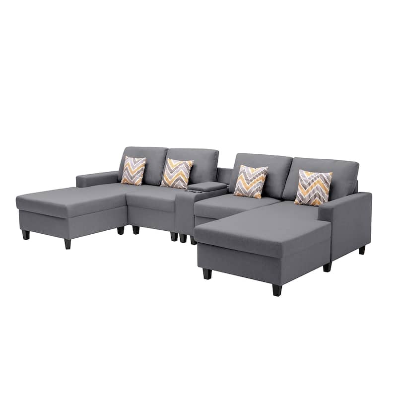 Linen Fabric 5 Piece Double Chaise Sectional Sofa with Storage Console Table and 4 Pillows