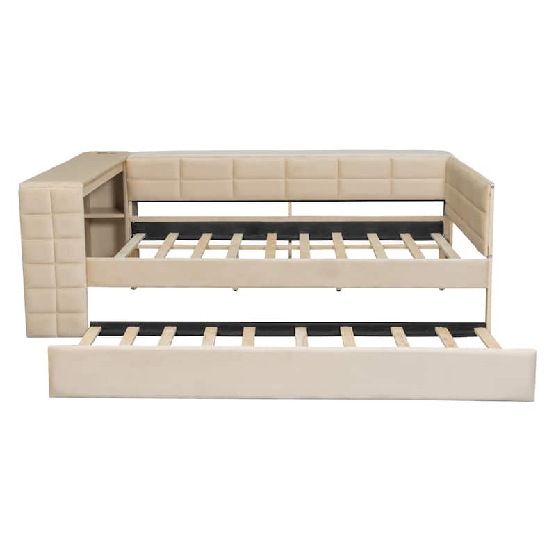 All-in-One Modern Velvet Upholstered Full Platform Bed with Trundle by Harper&Bright Designs