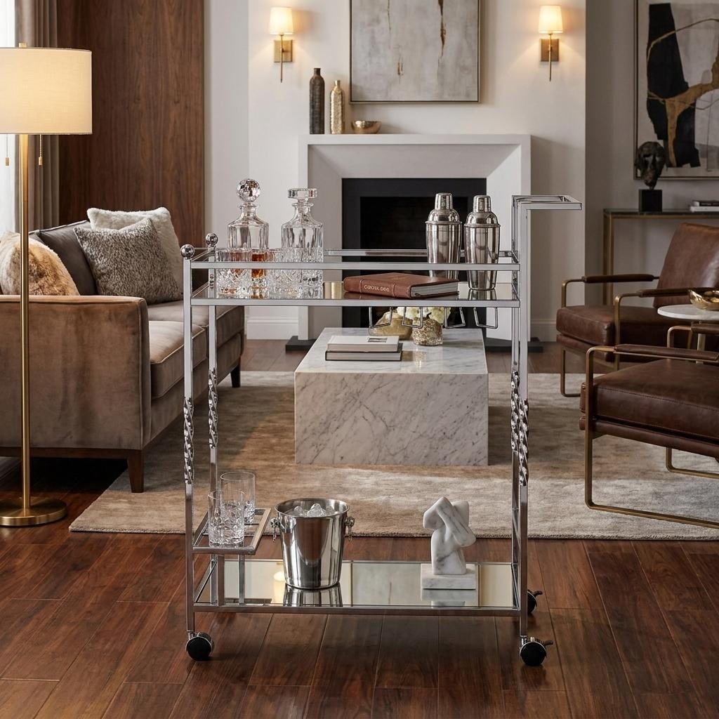 HomeRoots 29" Silver Metal and Mirrored Glass Rolling Bar Cart With Wine Storage - 29.00 in. x 31.50 in. x 15.75 in.