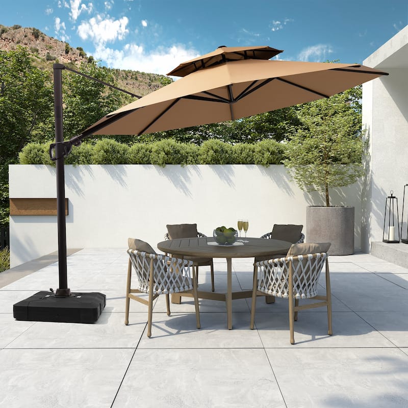 11 FT Outdoor Solar-Powered LED Light Aluminum Double Top Patio Cantilever Umbrella with Fillable Base