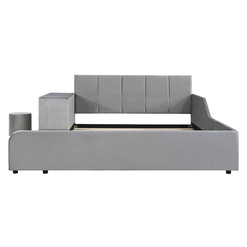 Full Size Upholstered Grounded Bed, Mother & Child Bed with Bedside Desk and Little Round Stool