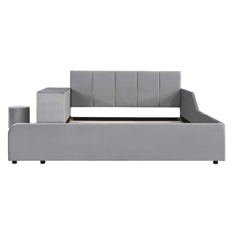 Upholstered Grounded Bed Mother & Child Bed with Bedside Desk and Little Round Stool