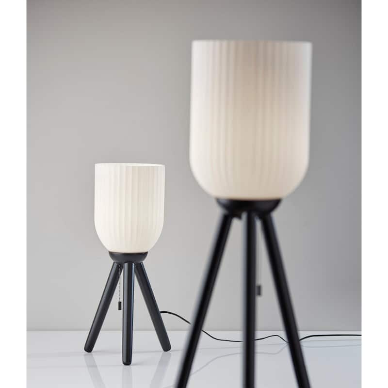 Solid Wood Tripod Table Lamp with White Ribbed Glass Shade and Pull Chain - 10” x 10” x 22.5” (D x W x H)